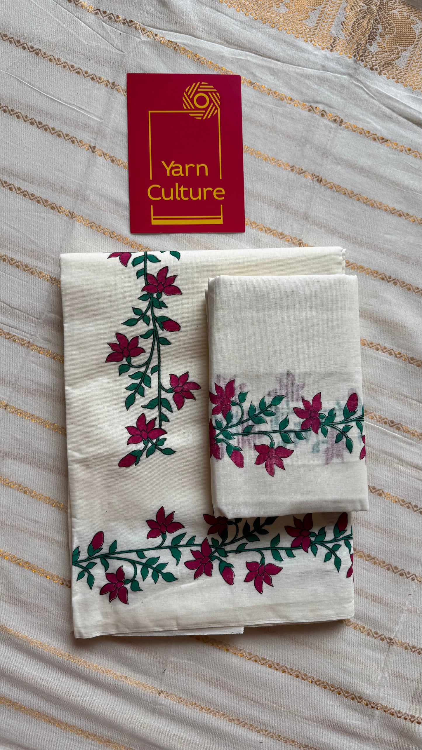 Set mund (double), dark pink and green floral vines  - YCIEON128