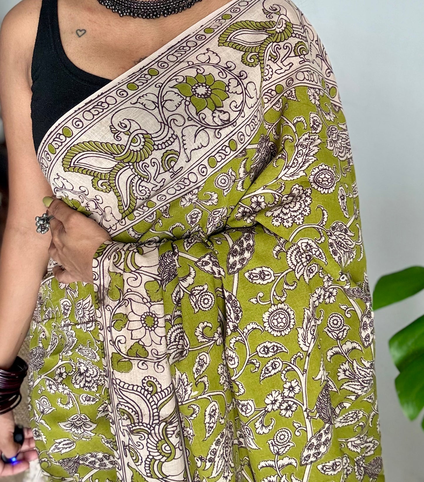Light green kalamkari saree, floral vines, soft cotton - YCWOTDMA345