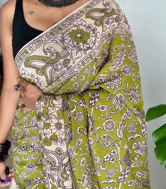 Light green kalamkari saree, floral vines, soft cotton - YCWOTDMA345