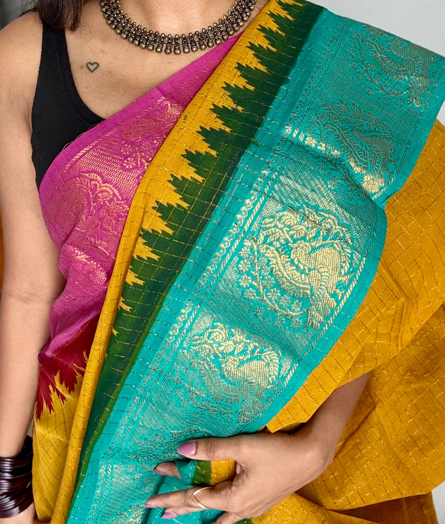 Sungudi cotton checks, mustard yellow base, turquoise and magenta dual tone border, soft cotton - YCCOTNGJJA179