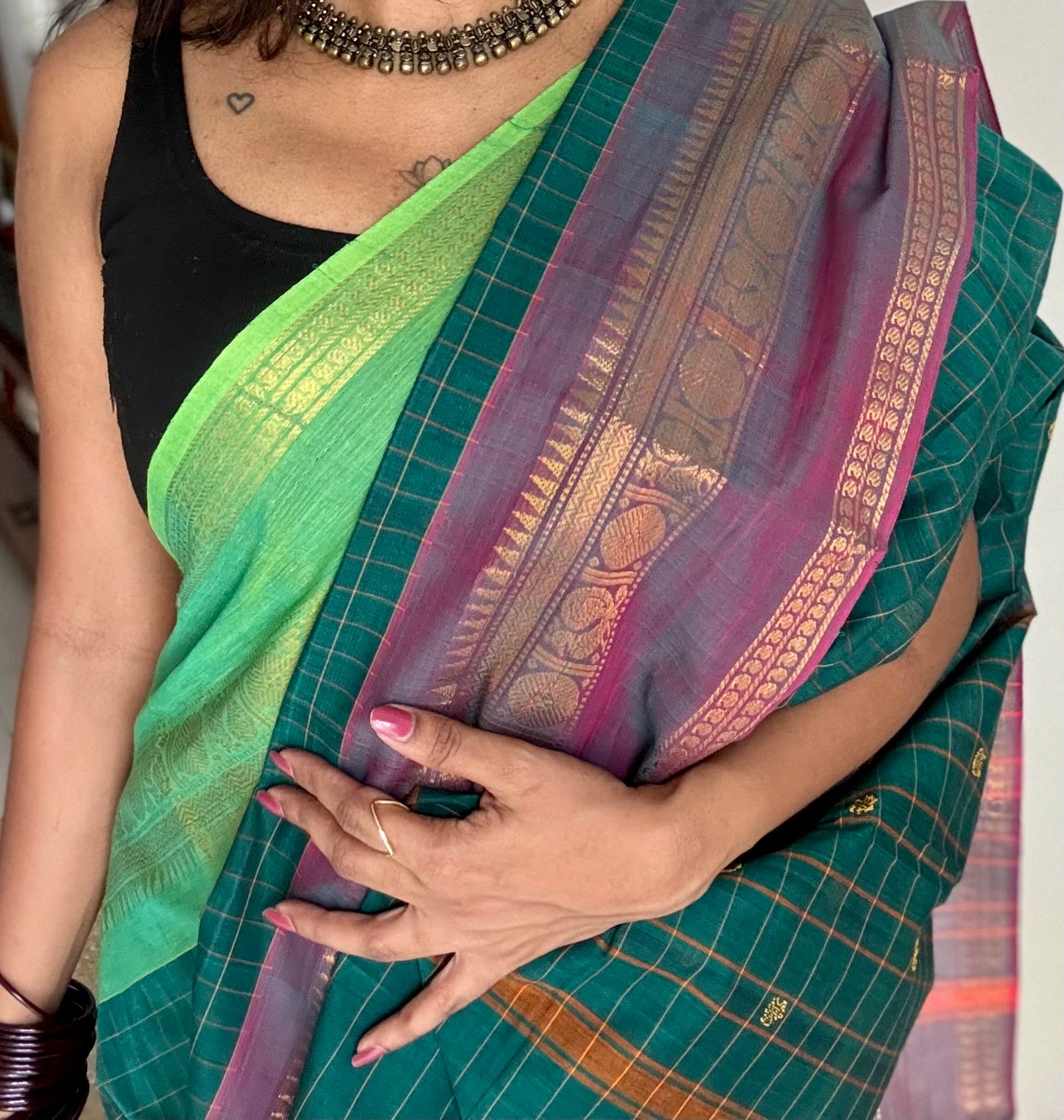 Kanchi cotton saree, green checks with wine and bright green dual toned border - YCCOTNAP76