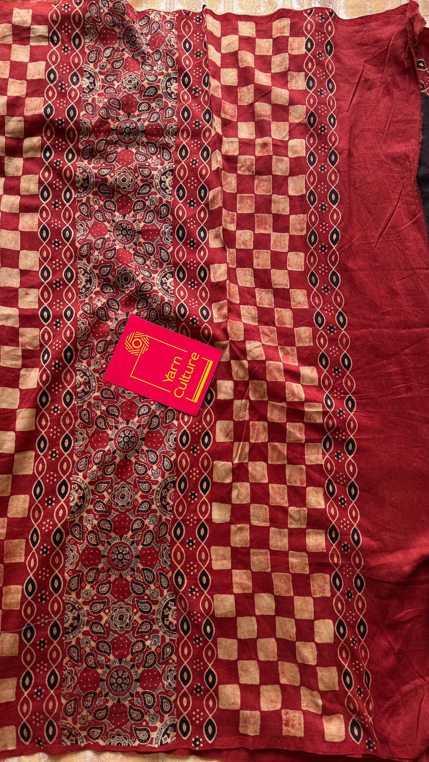 Black and red chanderi saree with ajrakh handblock print - YCTOKAJC343