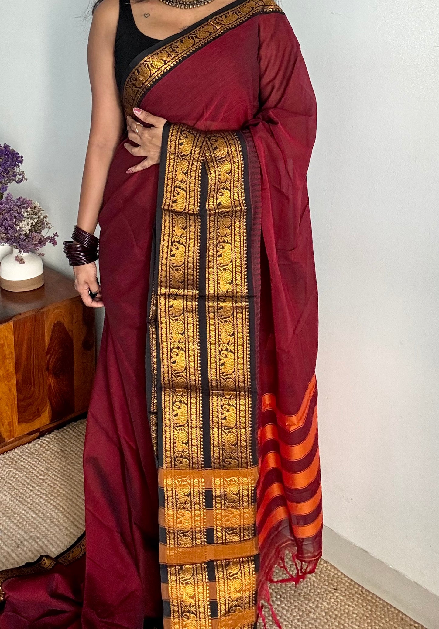 Kanchi cotton saree, dark red with black wide zari border - YCCOTNMA263