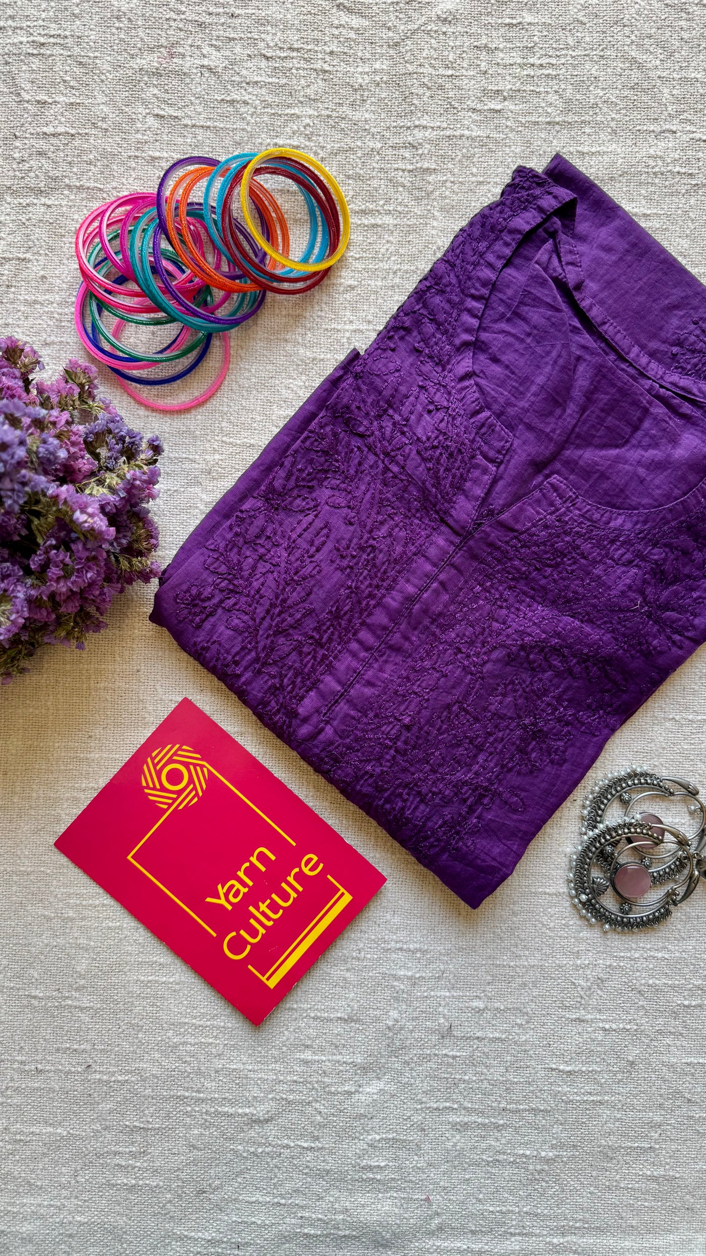 Purple muslin chanderi chikankari with bakhiya work, stitched kurta, round neck, three fourth sleeves - YCSECK25