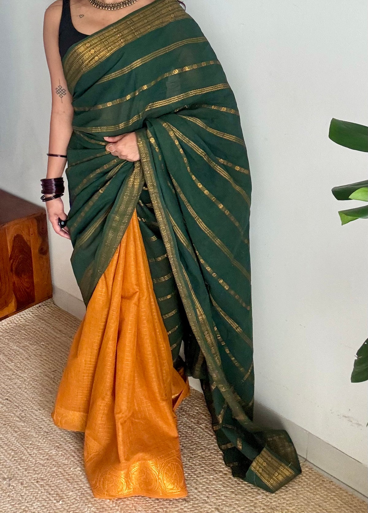 Dark green with yellow, sungudi cotton half-half saree - YCCOTNIDOC22