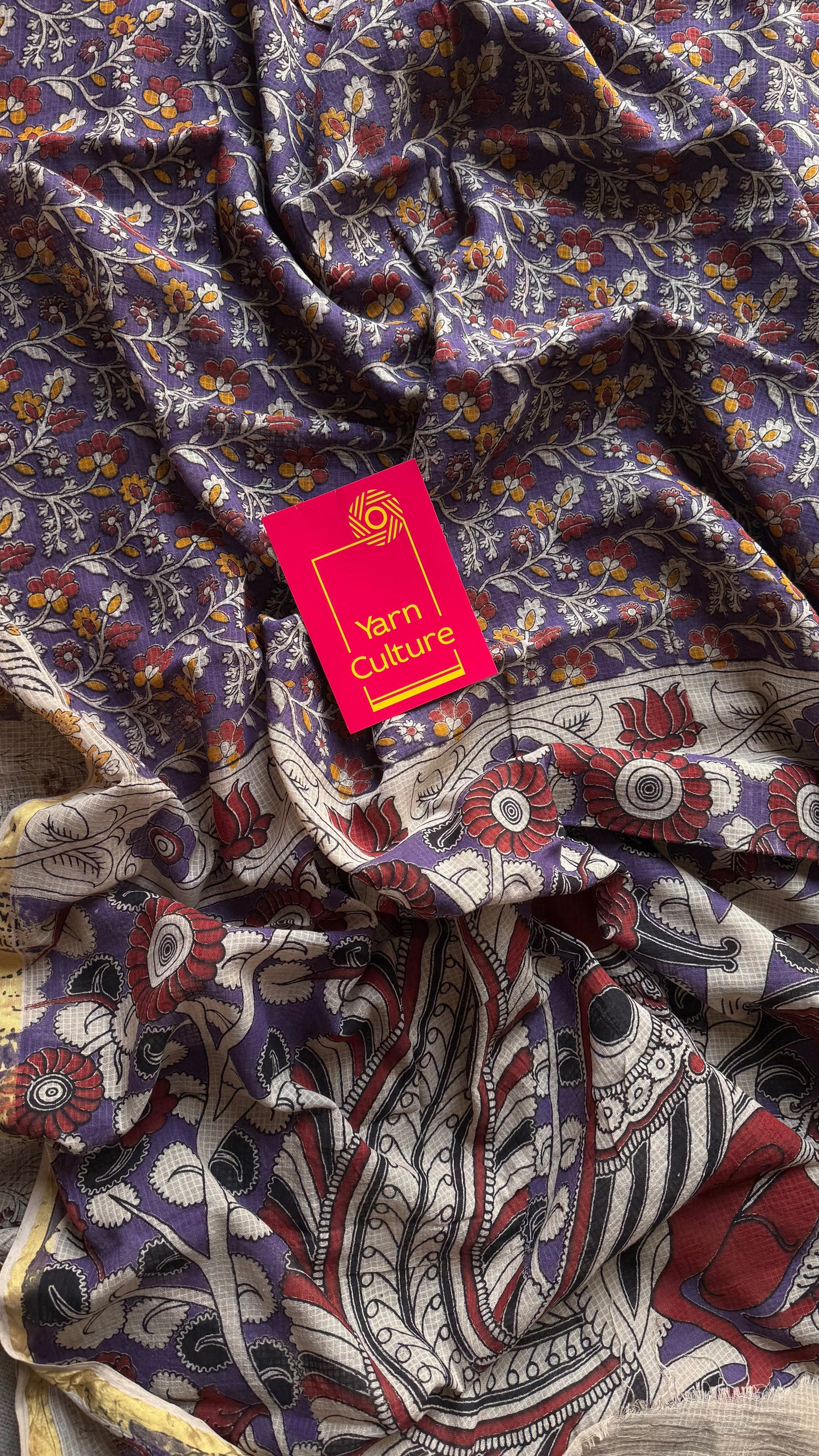 Purple cream red kalamkari saree in kota, with zari border - YCWOTDKKFE18