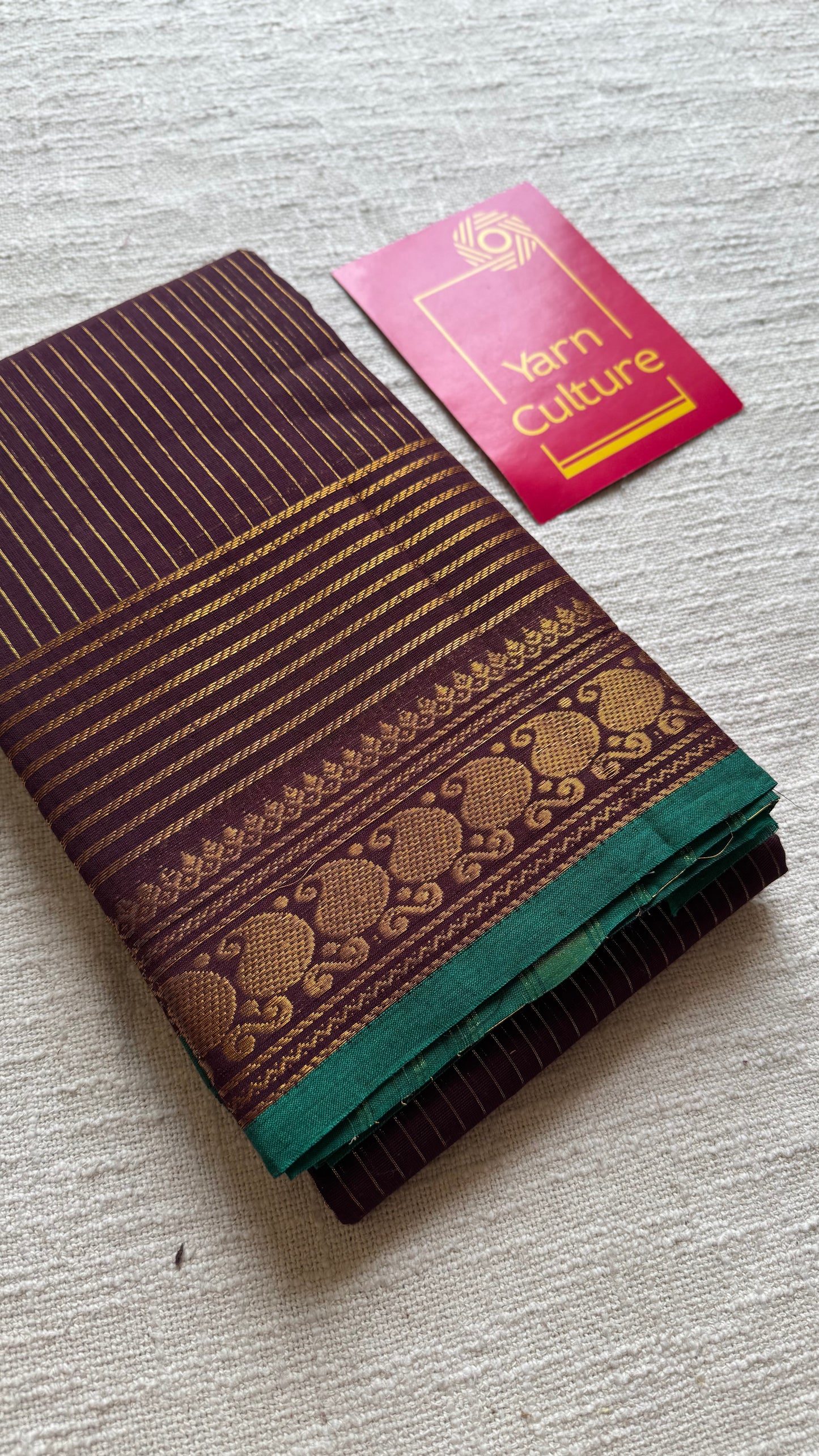 Kanchi cotton saree, brownish maroon with gold stripes, paisley border - YCCOTNAP93