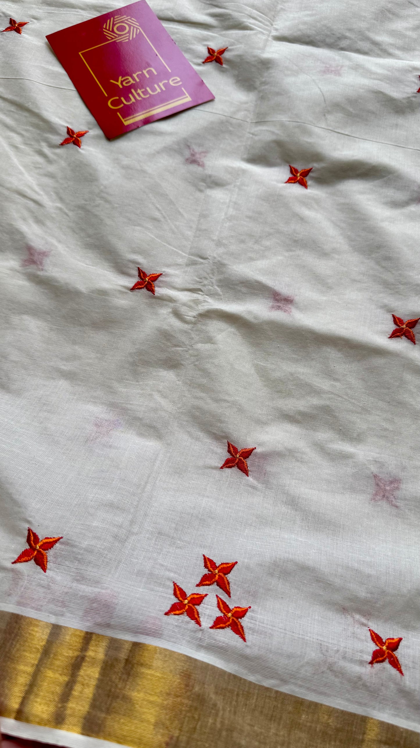 Nandana : Chethi/Thechi - orange red floral embroidery, ivory & gold, soft cotton - YCIEON165