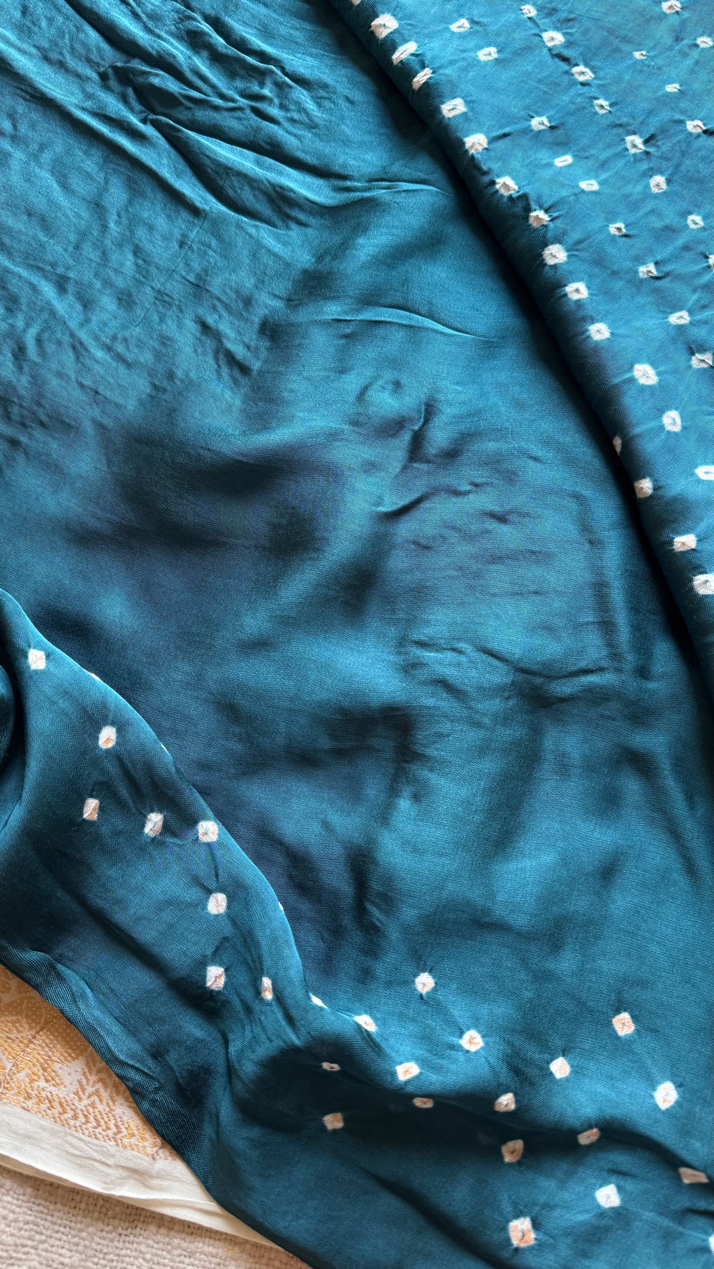 Teal/peacock blue, crushed bandhej pure modal silk saree with lagdi patta zari pallu - YCTOKBM330