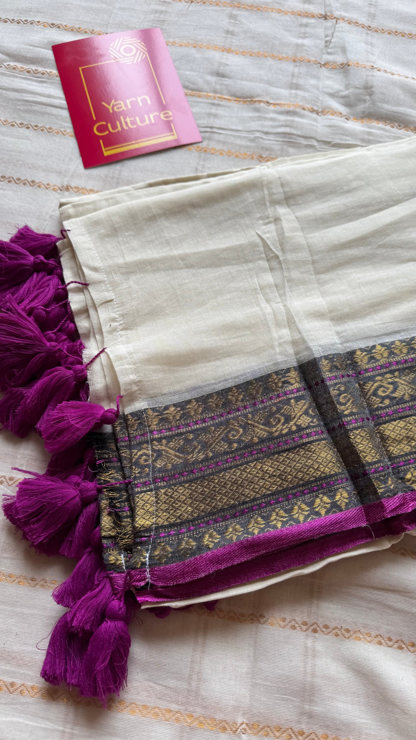 Ivory mul saree, purple pink and antique gold kanchi border - YCIEON30