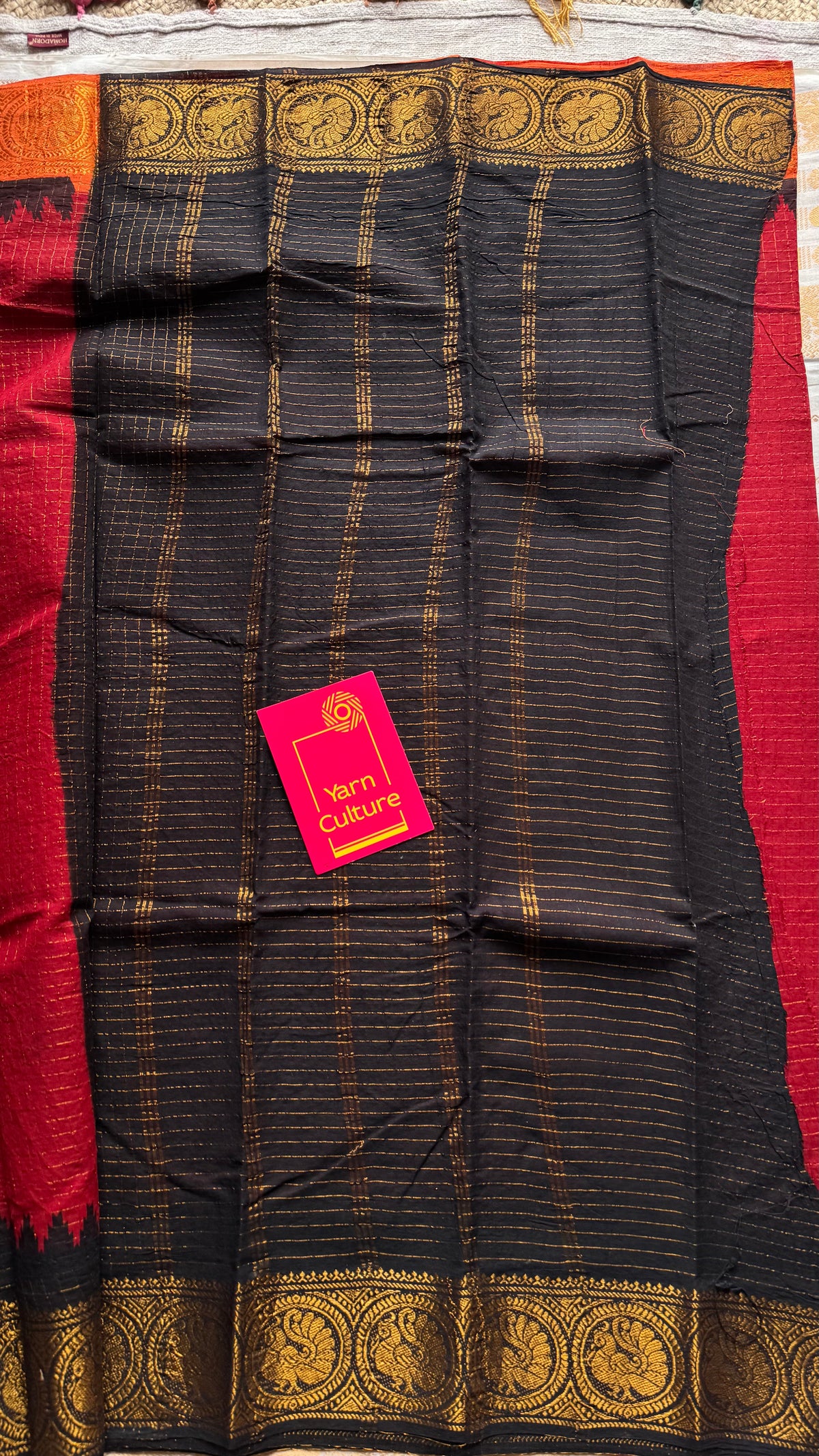 Sungudi cotton checks, red base, orange and black dual tone border, soft cotton - YCCOTNMSSE12