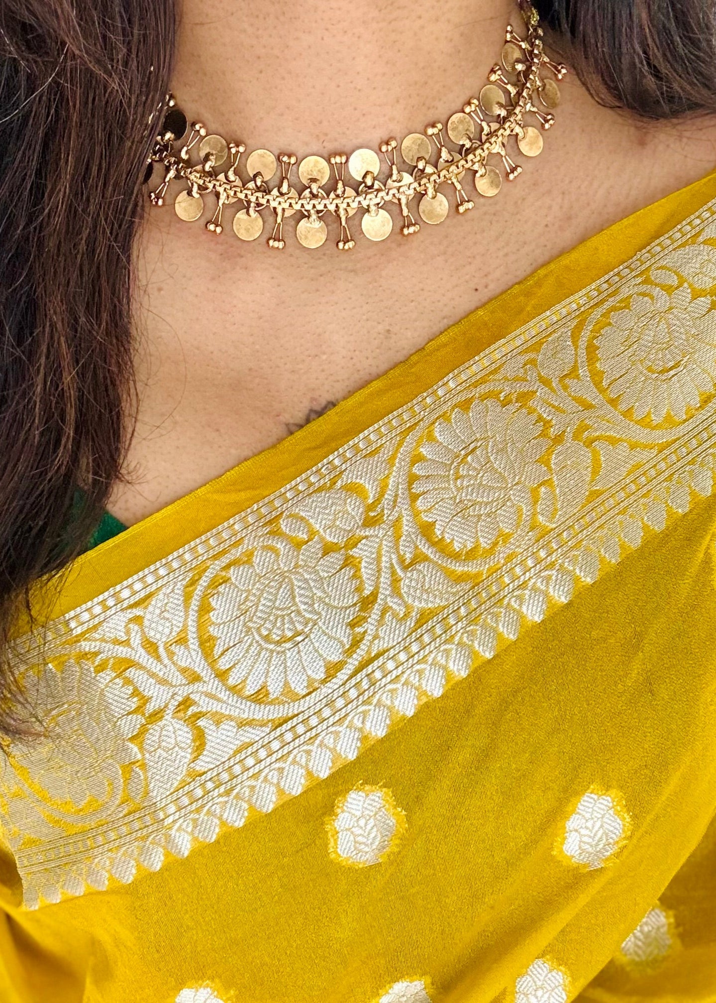 Antique gold three layered coin choker neckpiece, with earrings  - YCAGNP260
