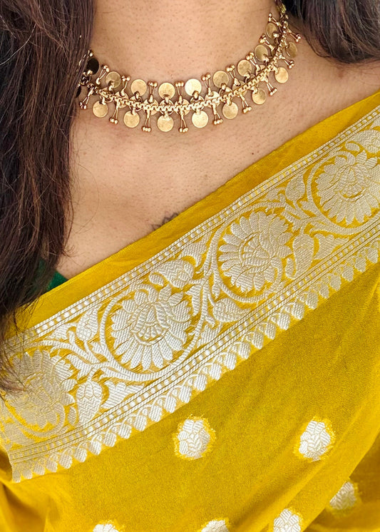Antique gold three layered coin choker neckpiece, with earrings  - YCAGNP260