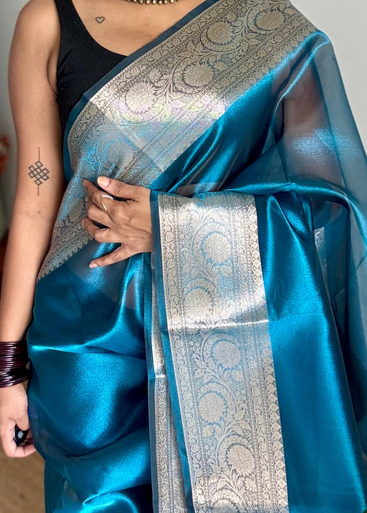Peacock blue tissue Banarasi saree with zari border - YCBLTOC86