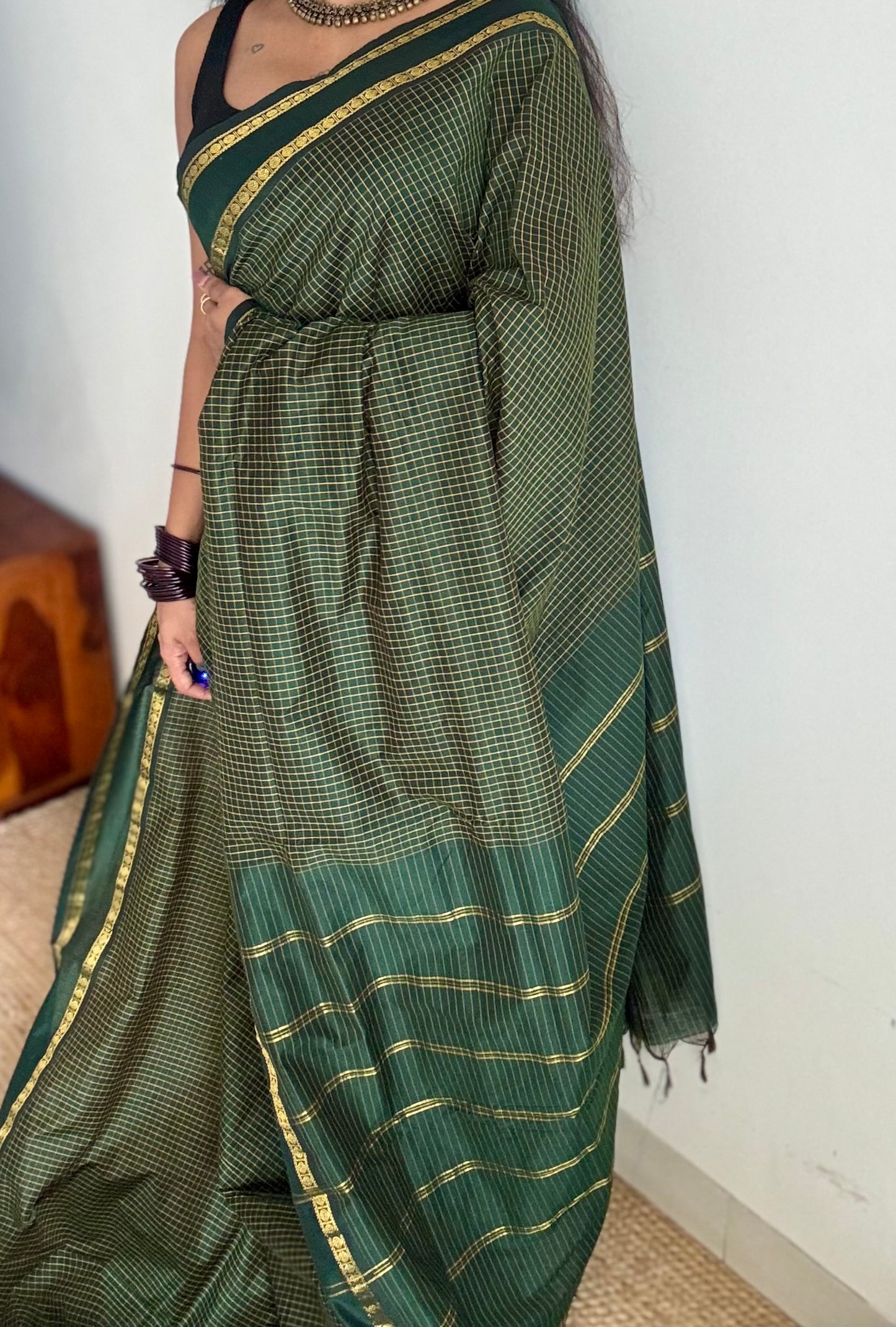 Dark green, arani checks saree, cotton silk - YCCOTNAUG18