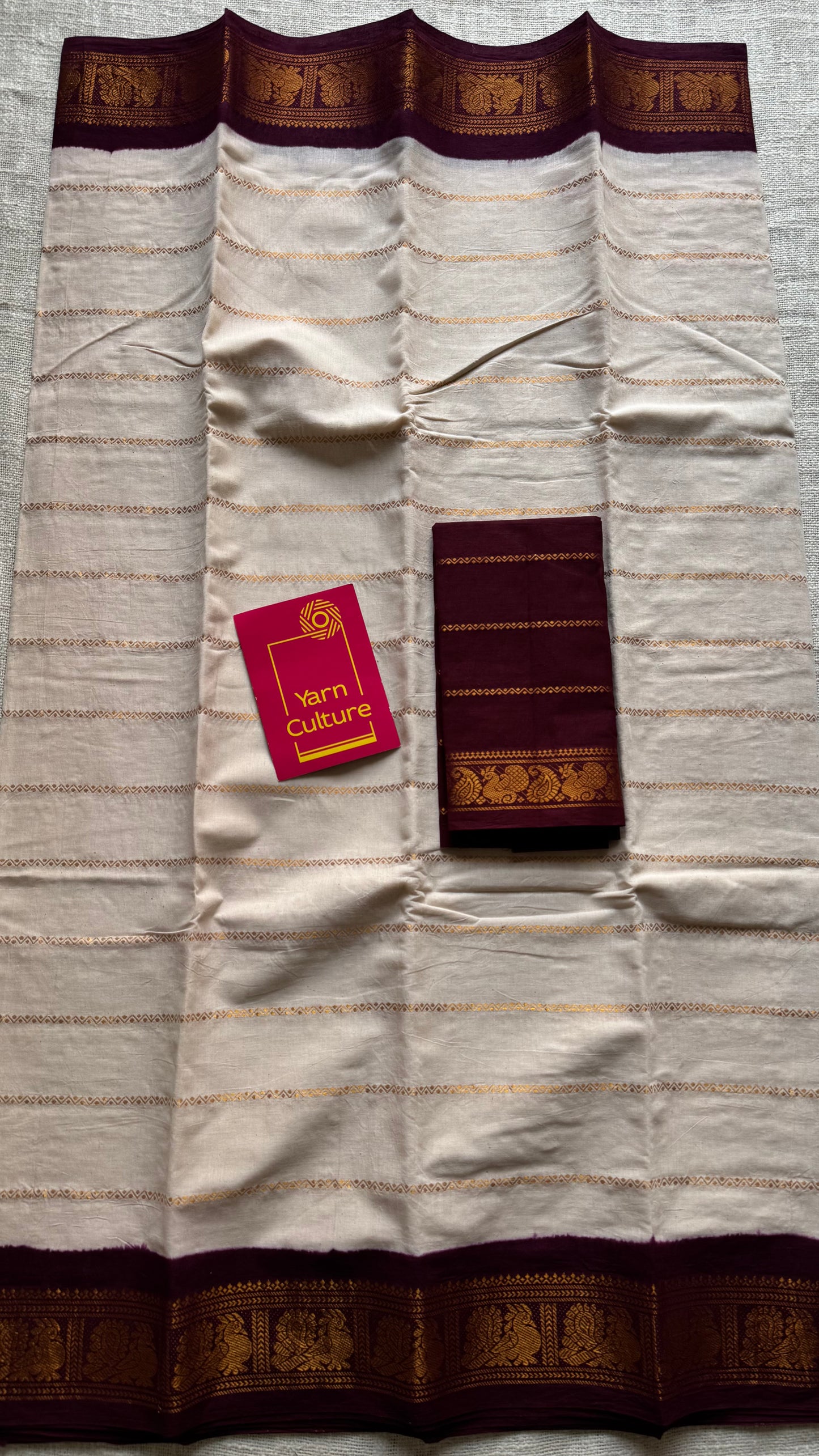 Cream velthaari patterned kattuchayam dyed madurai cotton saree with maroon peacock border - YCCOTNMSFE276