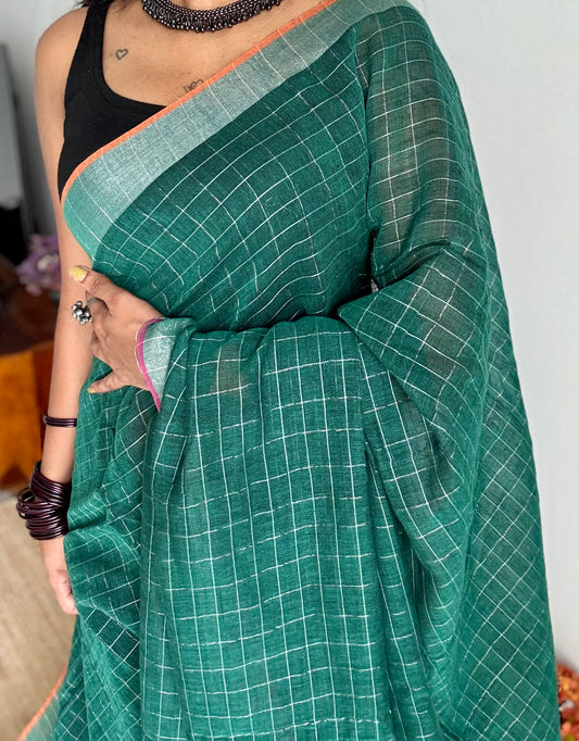 Green linen by cotton saree, silver checks & zari pallu - YCBCLCFE390