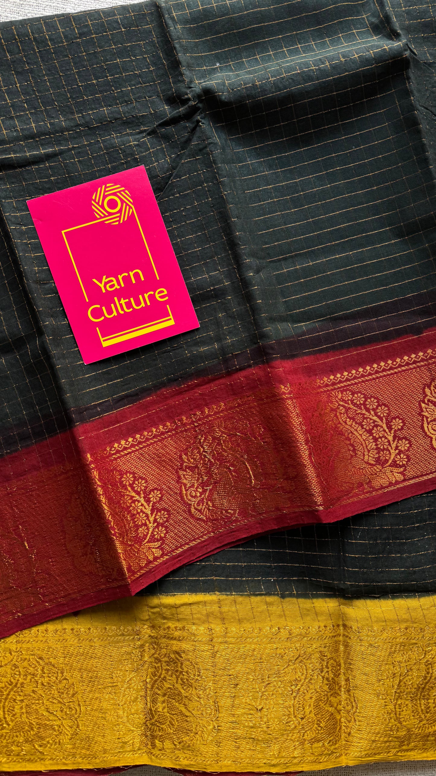 Sungudi cotton checks, black base, red and yellow dual tone border, soft cotton - YCCOTNGJJA180