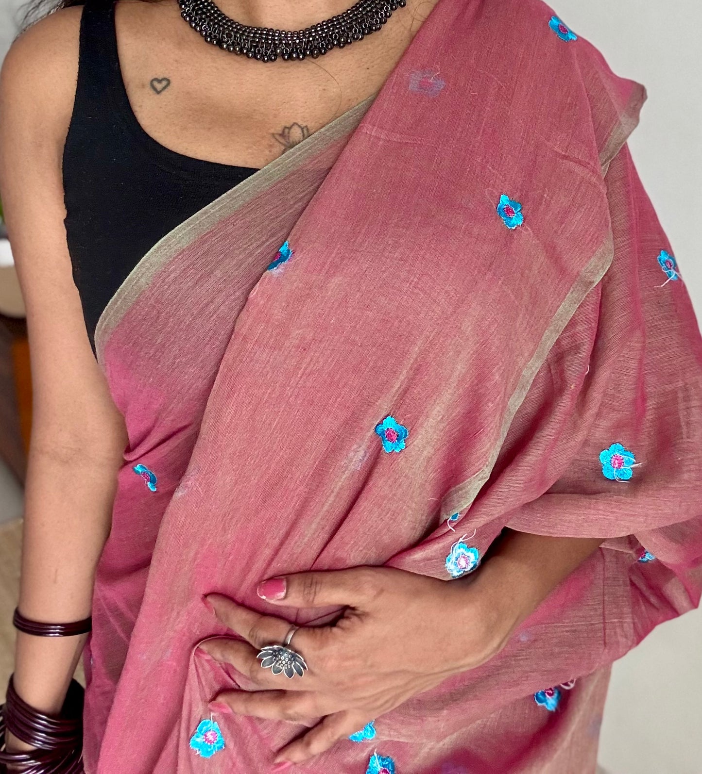 Dusty pink with grey dual tone, blue floral embroidered mul cotton saree  - YCBCMCAP44