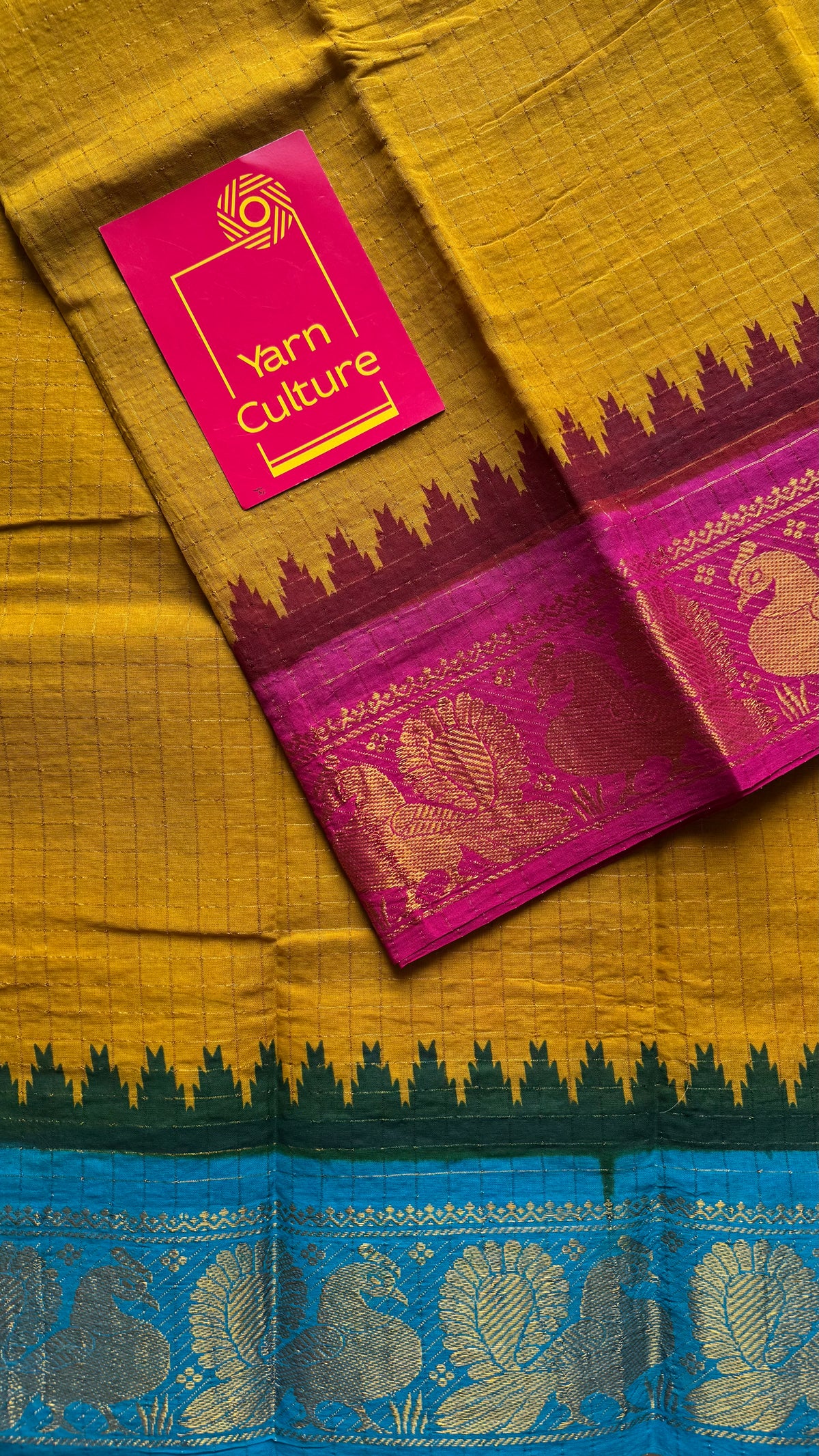 Sungudi cotton checks, mustard yellow base, blue and hot pink dual tone border, soft cotton - YCCOTNMSSE09