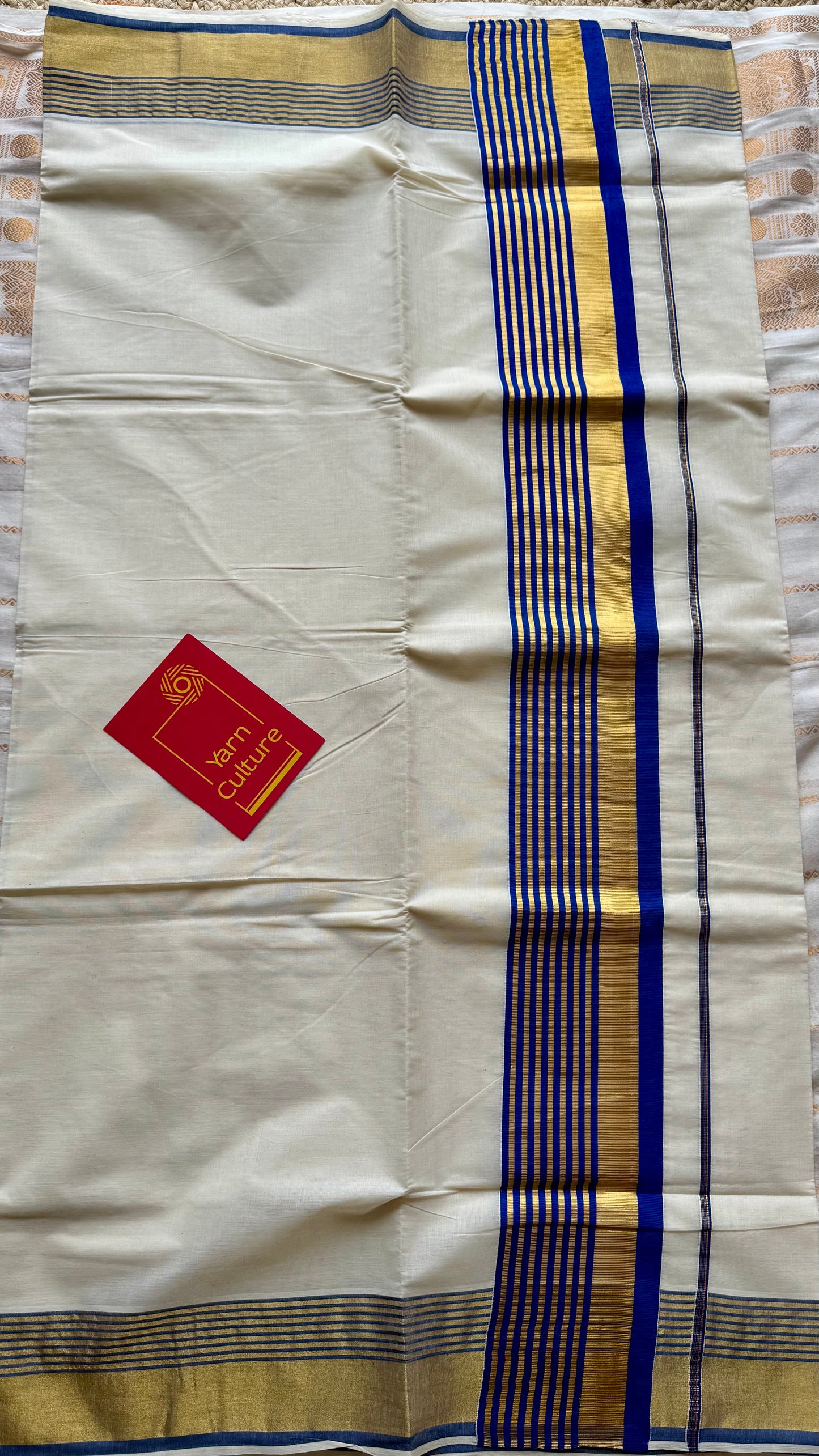 Ivory and gold soft cotton saree, royal blue border - YCIEON77