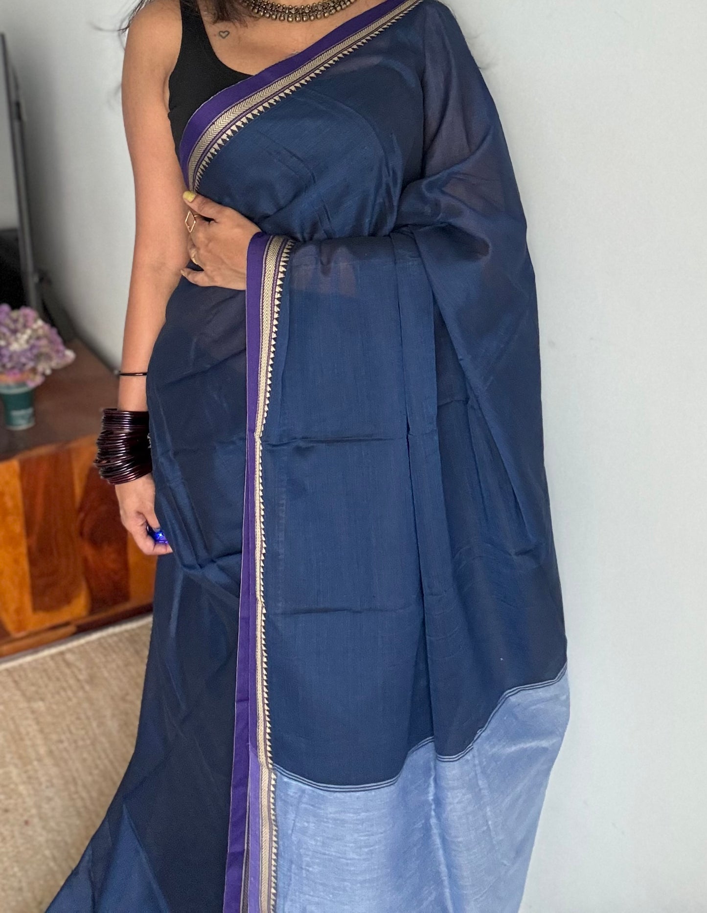 Navy blue with purple border narayanpet saree, soft cotton - YCWOTDNPFE35