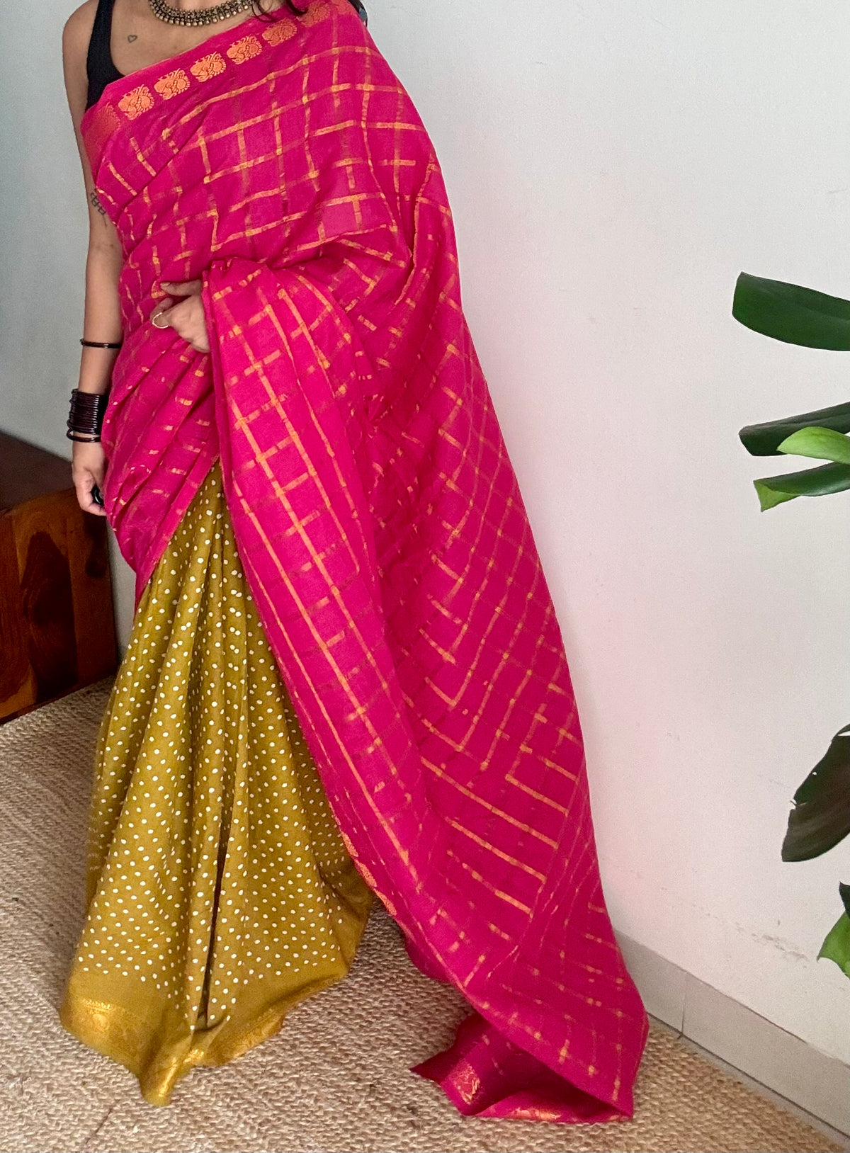 Hot pink with mehendi green, sungudi cotton half-half saree - YCCOTNIDOC18