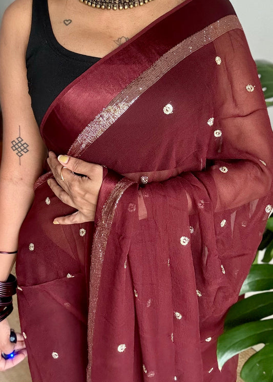 Brown viscose georgette saree, gold buttas, satin border - YCDOSOC44