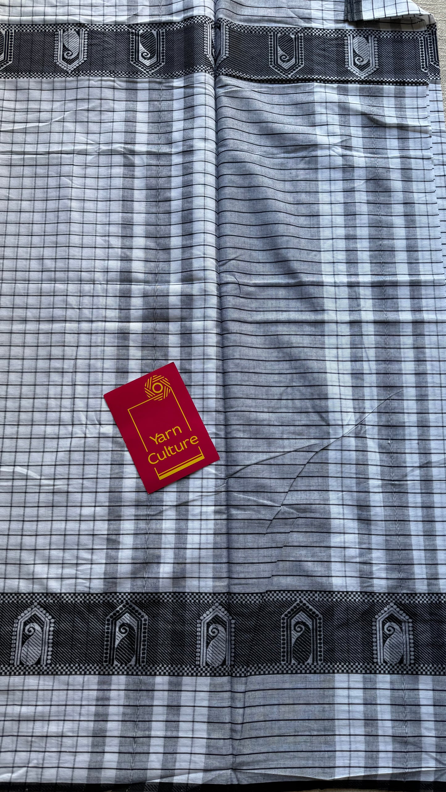 Dhonekhali handloom soft cotton saree, black and white checks, black thread motif worked border - YCBCDFE265