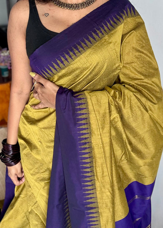 Light green with blue temple border, cotton silk - YCCOTNCSDE97