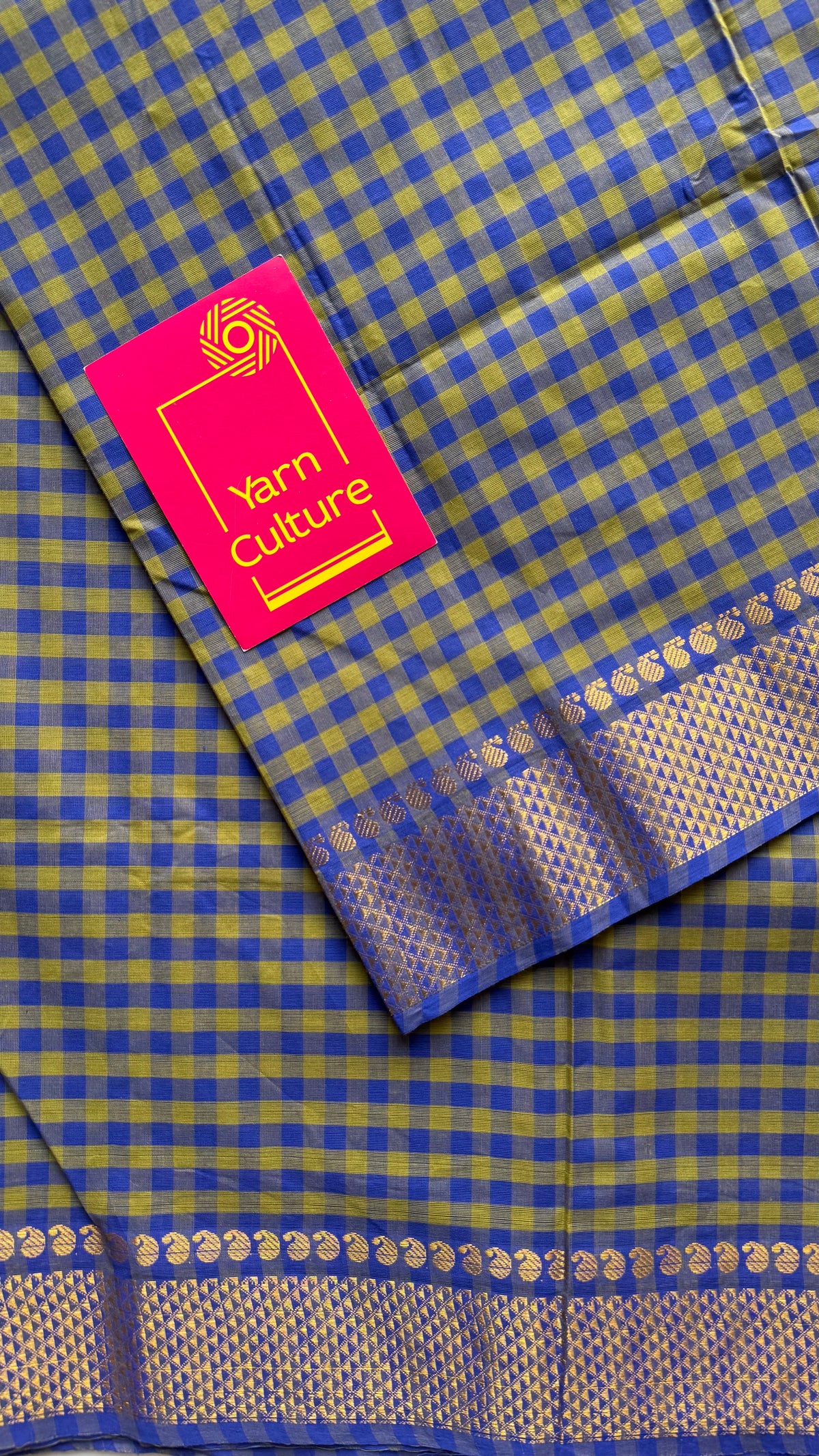 Chettinad cotton saree with green and blue checks, zari motif border - YCCOTNCKSE46