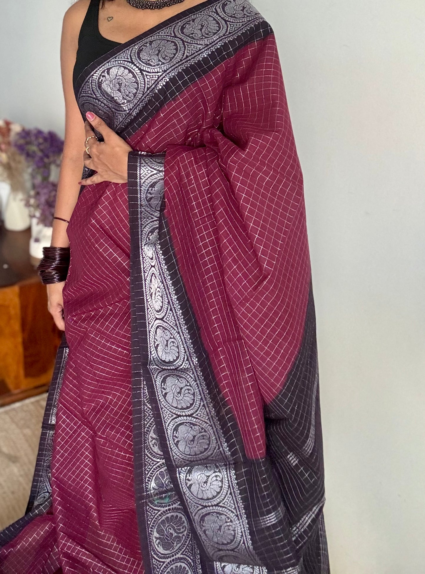 Dark wine with black, silver zari checkered sungudi, kattuchayam dyed madurai cotton - YCCOTNMSAP103