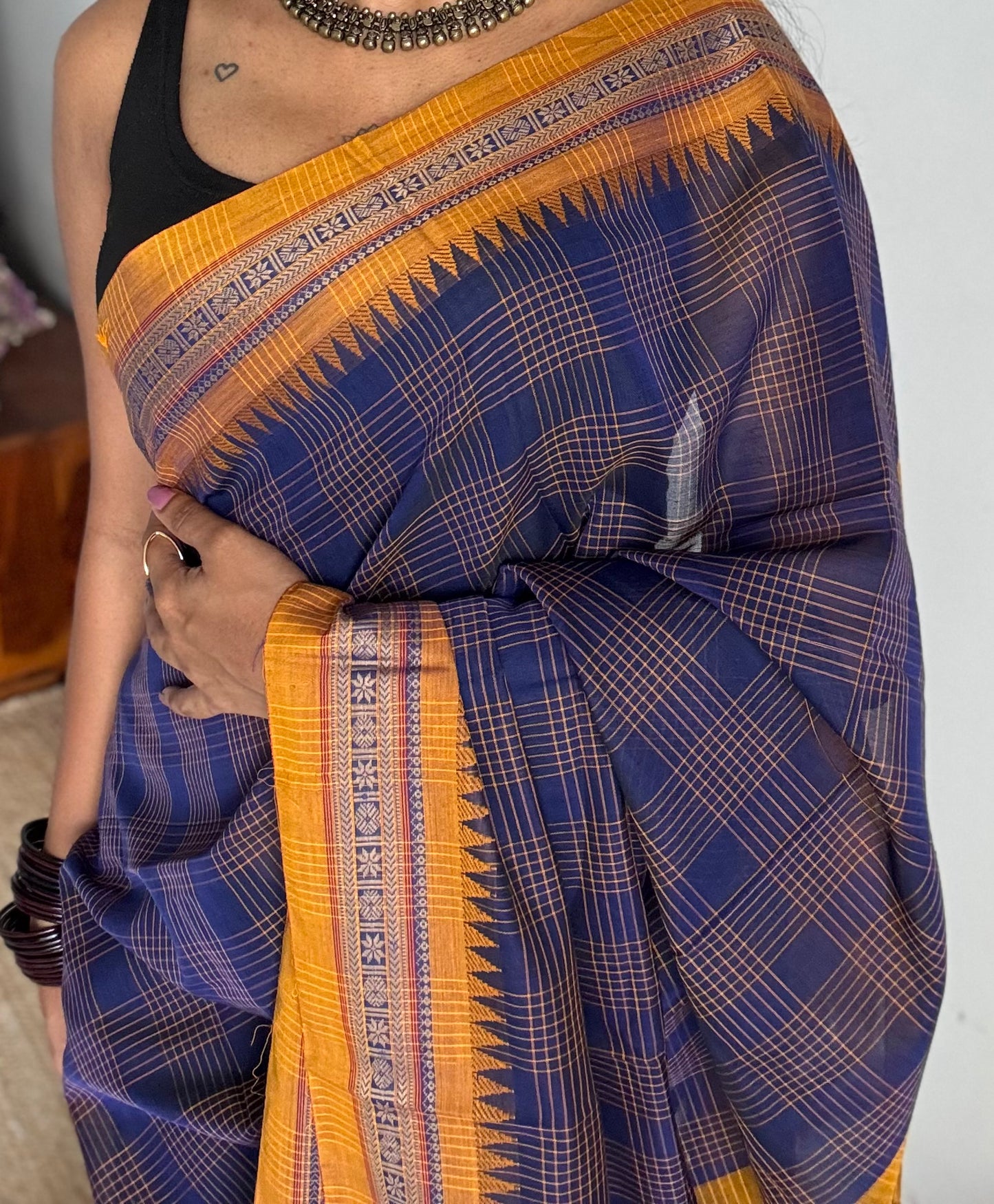 Dark blue checks with yellow border, handloom, soft cotton - YCLOKC219