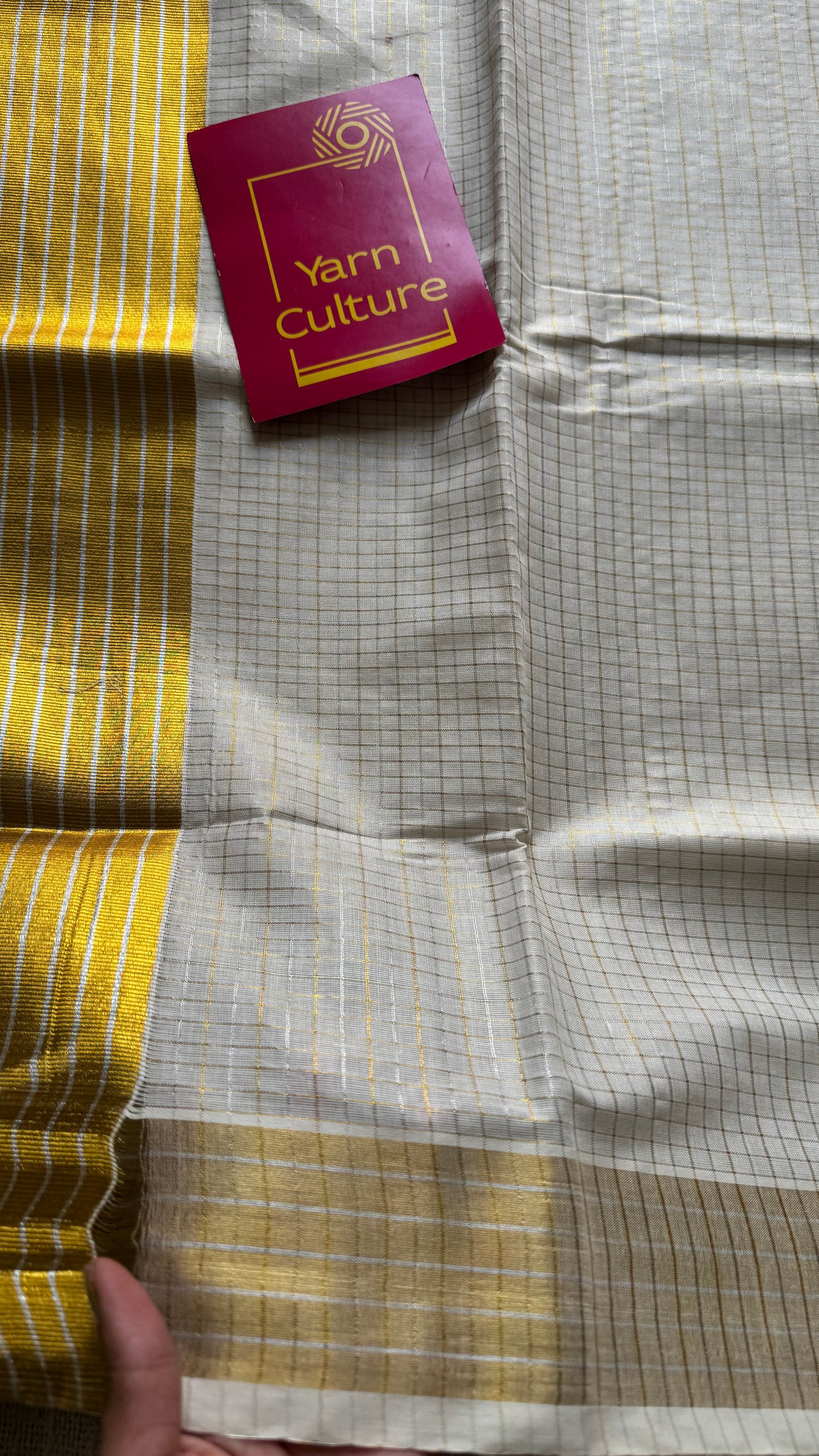 Ivory Kerala tissue cotton saree with silver and gold checks - YCIEKCFE308