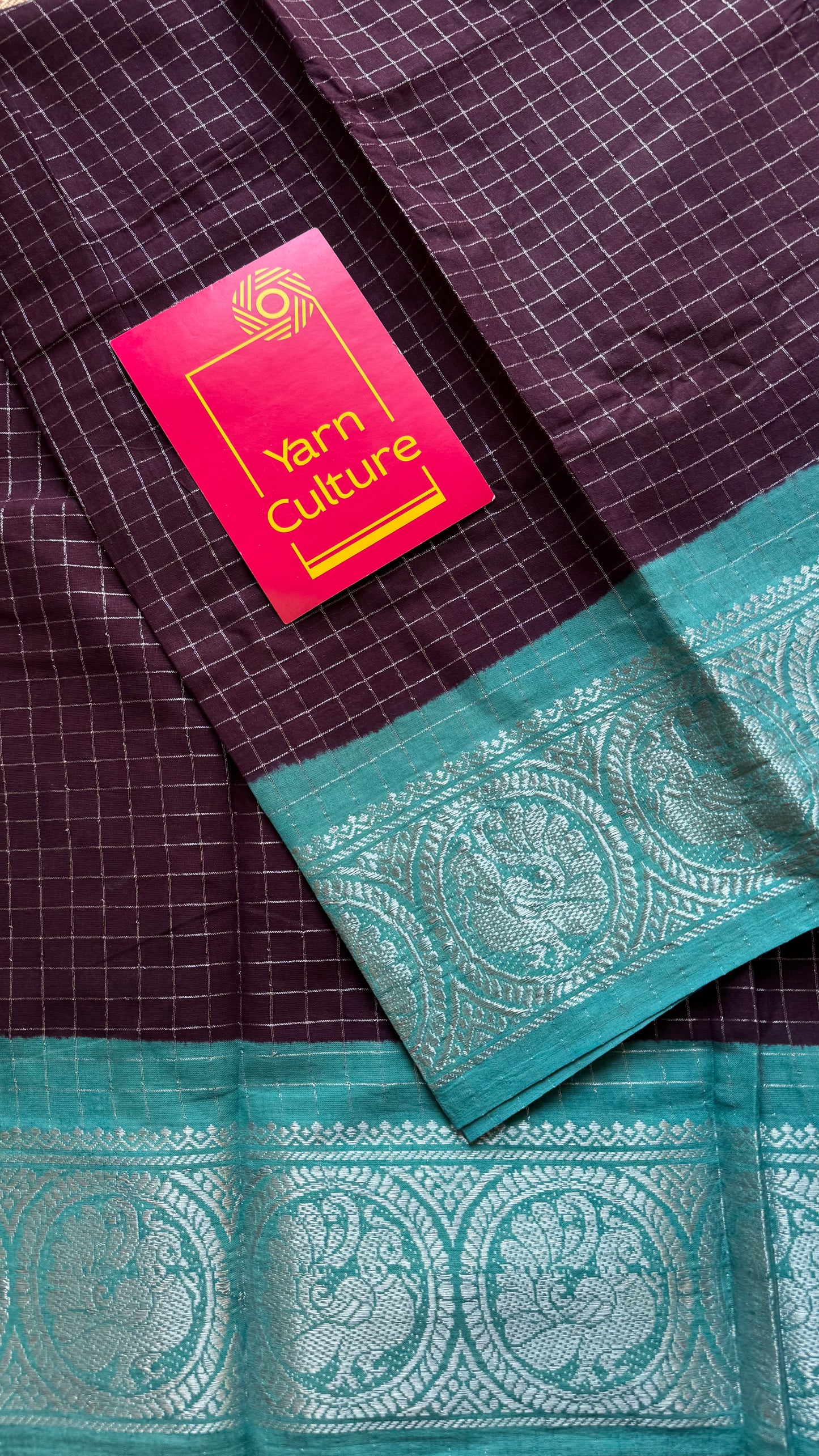 Purple brown with turquoise, silver zari checkered sungudi, kattuchayam dyed madurai cotton - YCCOTNMSAP106