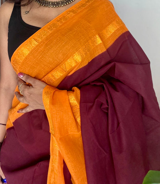 Maroon with light orange rettaipettu peacock double border, madurai soft cotton - YCCOTNMSAP205