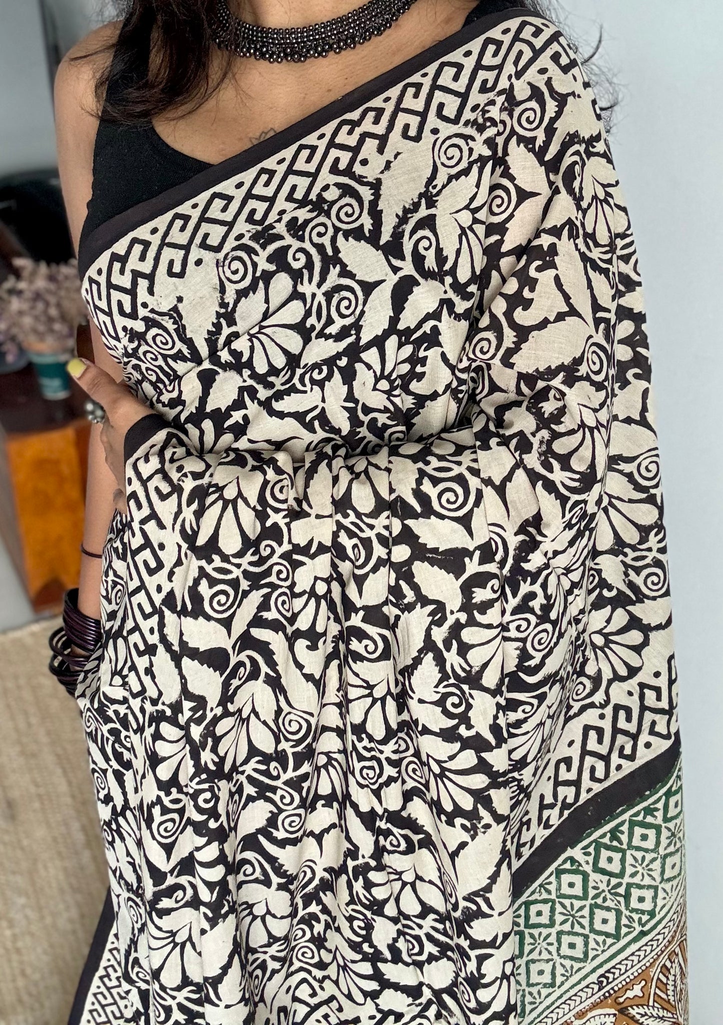 Raah - black and white to earthy brown, half half pattern, block print, soft cotton - YCWOTDNOBP93