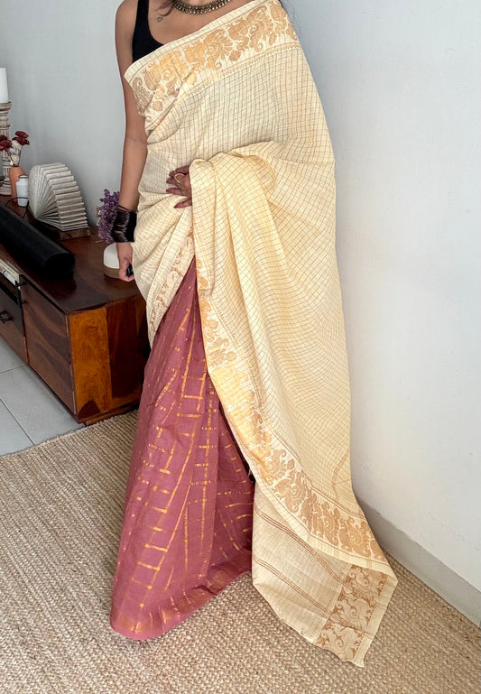 Ivory and mauve, sungudi cotton half-half saree - YCCOTNIDMA301