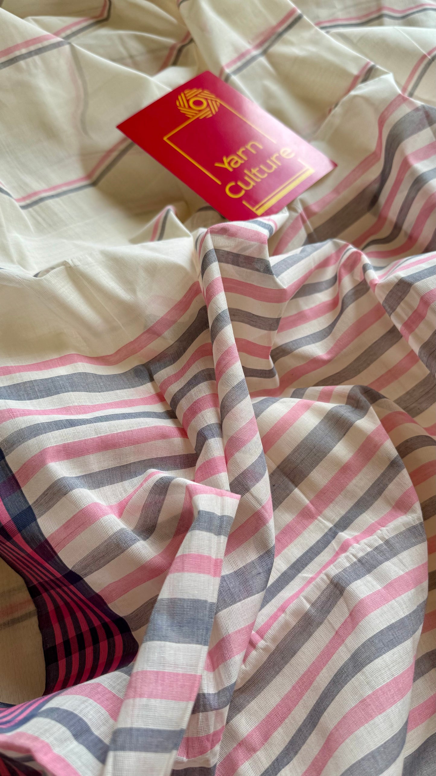 Handloom, woven in Chendamangalam Looms, ivory with grey pink border, striped soft cotton saree - Handloom ivory grey pink border