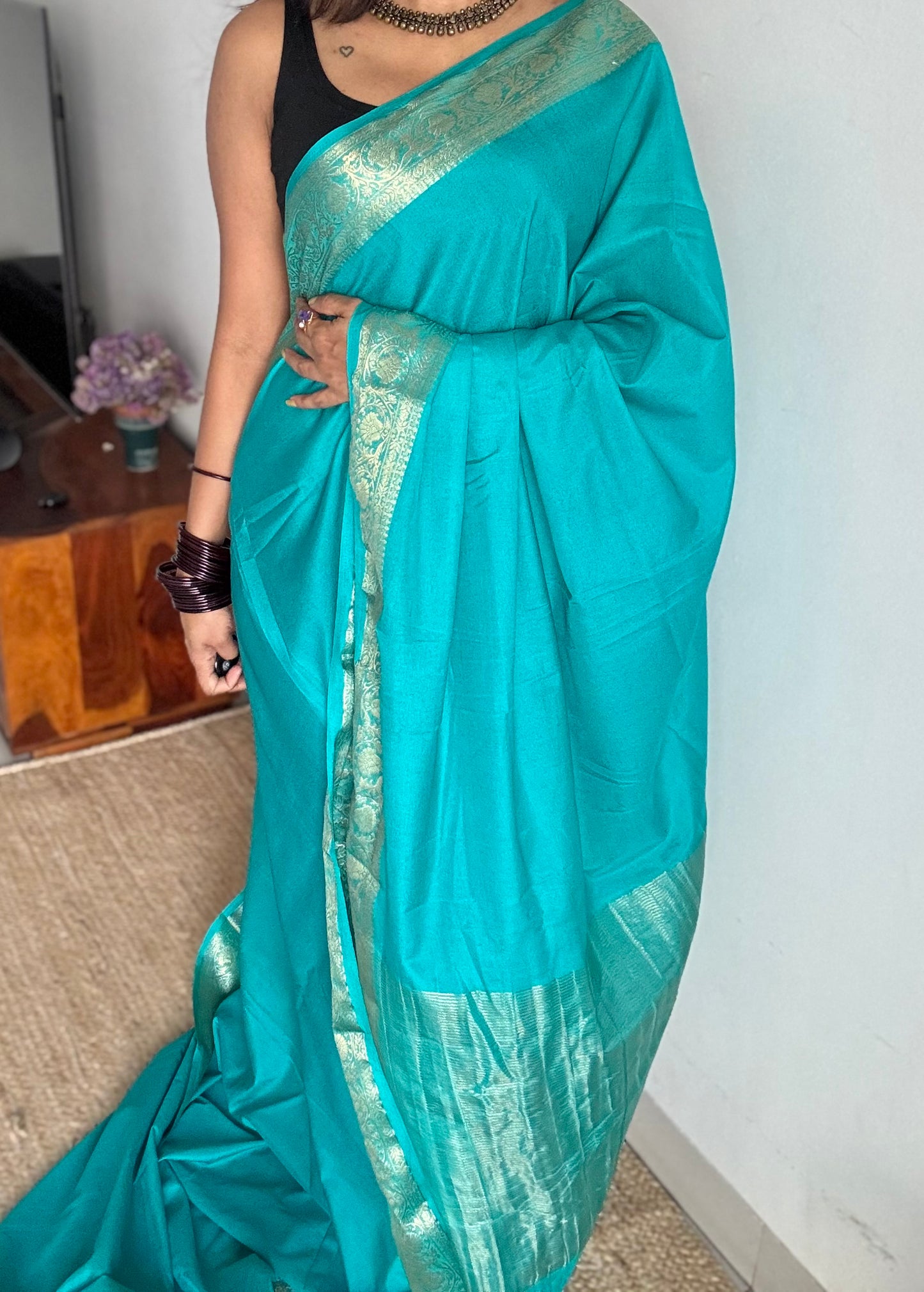 Turquoise Mysore semi crepe silk saree - YCLOKFE241