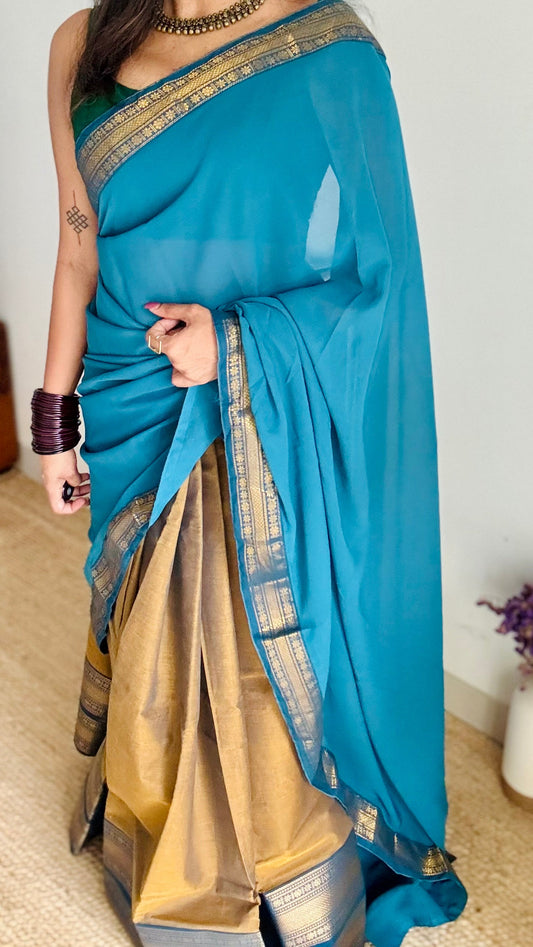 Mustard Brown - Blue unstitched half saree material (dhavani), kanchi cotton - YCIEHS206