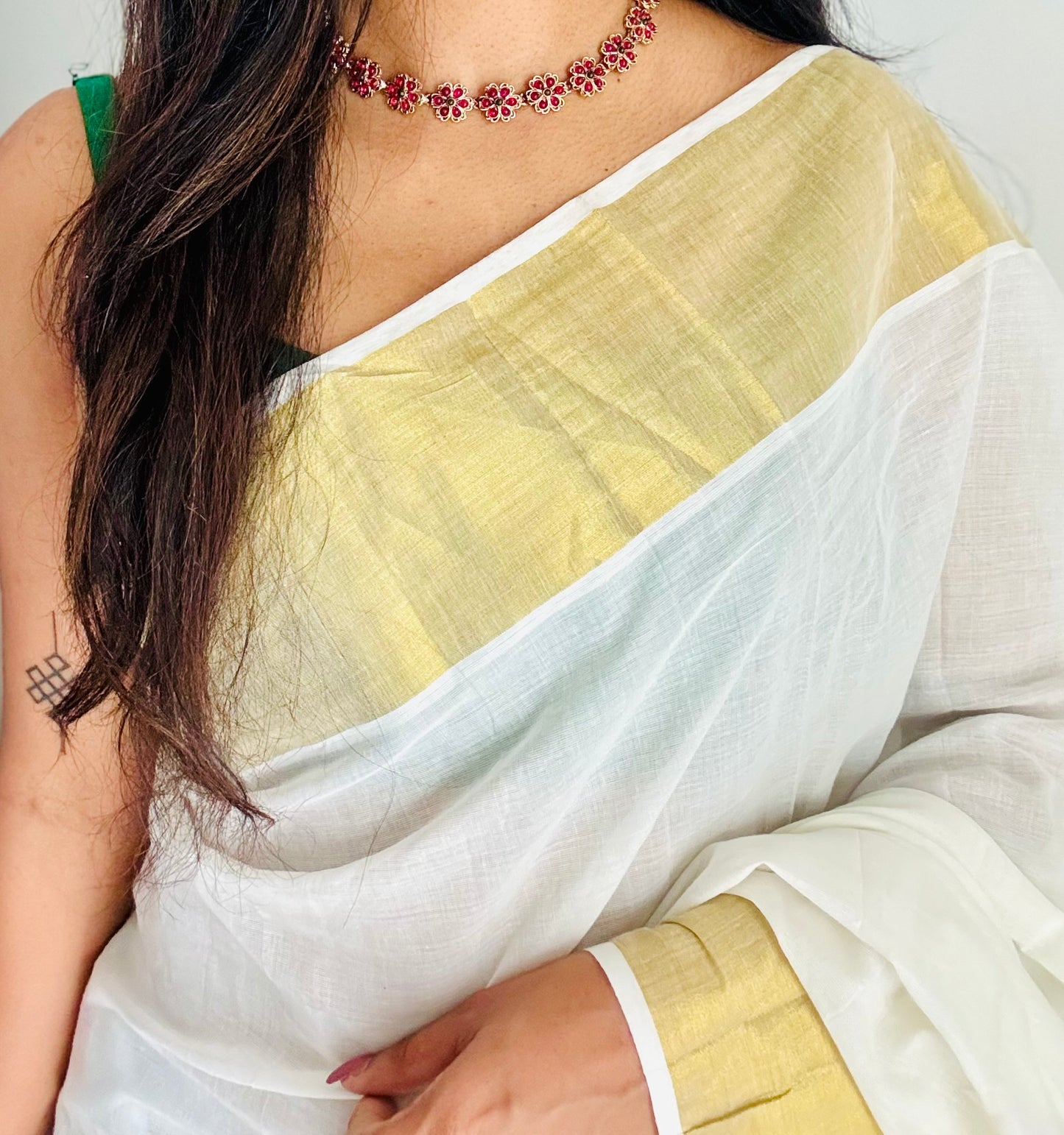 Ruby with green bead, floral pendant neckpiece with earrings - YCGPNP764