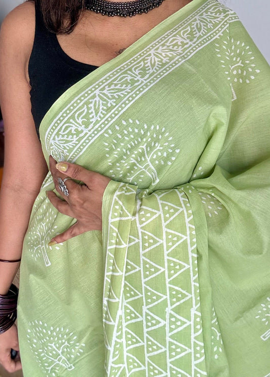 Pista green with off white tree motifs, block printed soft cotton saree - YCTORCMA19
