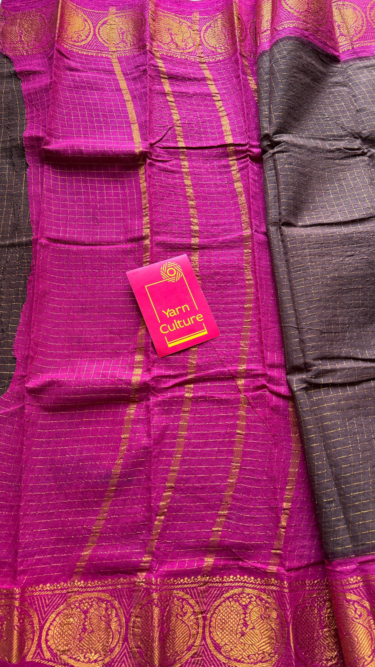 Brown with hot pink contrast zari checkered sungudi, kattuchayam dyed madurai cotton - YCCOTNMSAP170