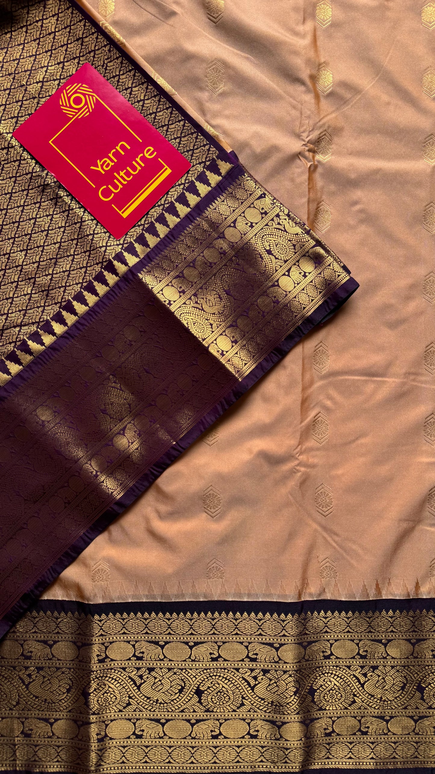 Mohini - beige with deep wine purple, handloom korvai semi silk - YCCOTNFEJUKS06