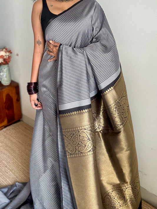 Black and white mini checks, Banarasi semi-katan silk saree with antique gold zari pallu - YCBLTOC93