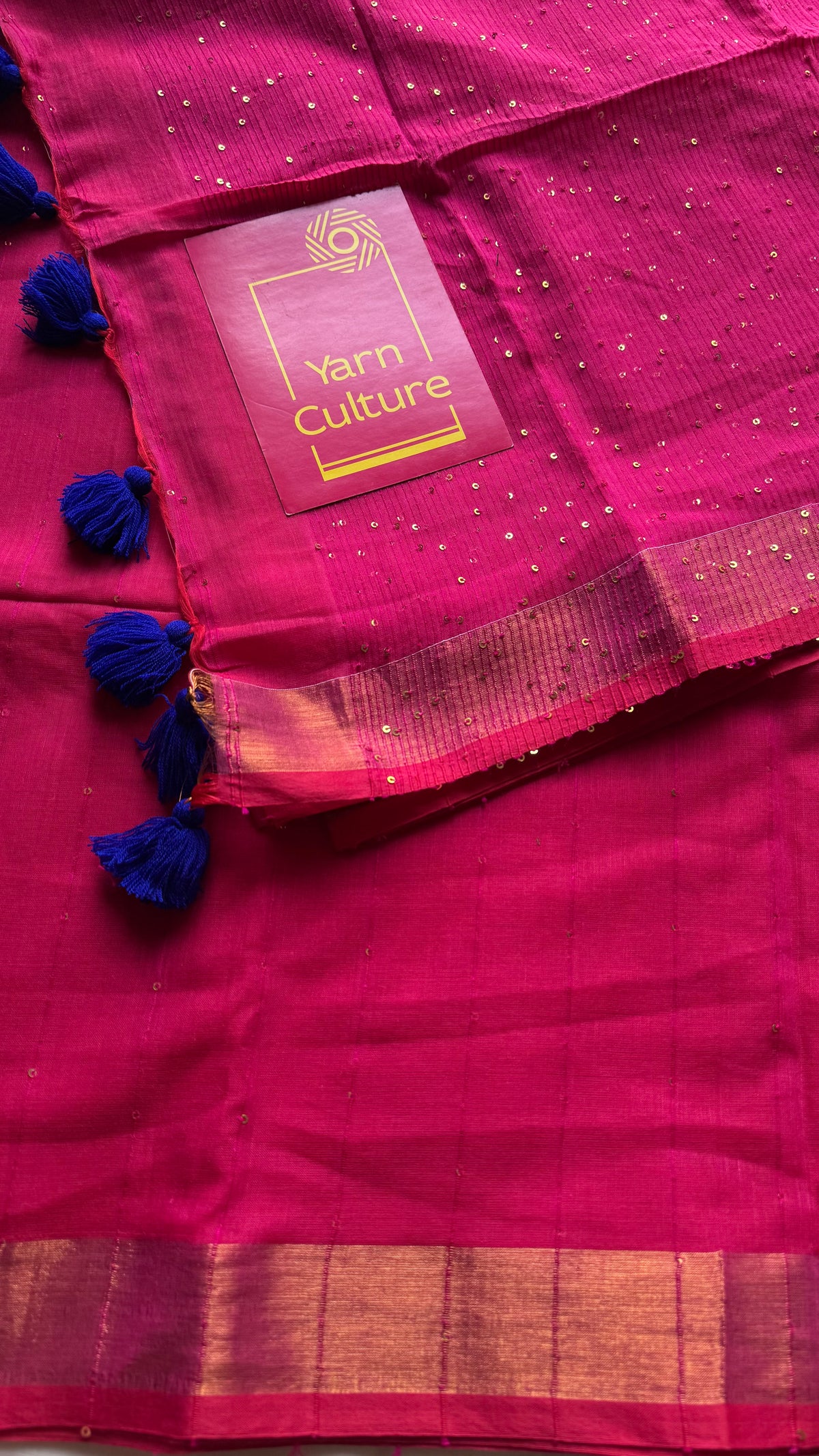 Hot pink mul cotton saree with sequins and zari border - YCBCMCSE34