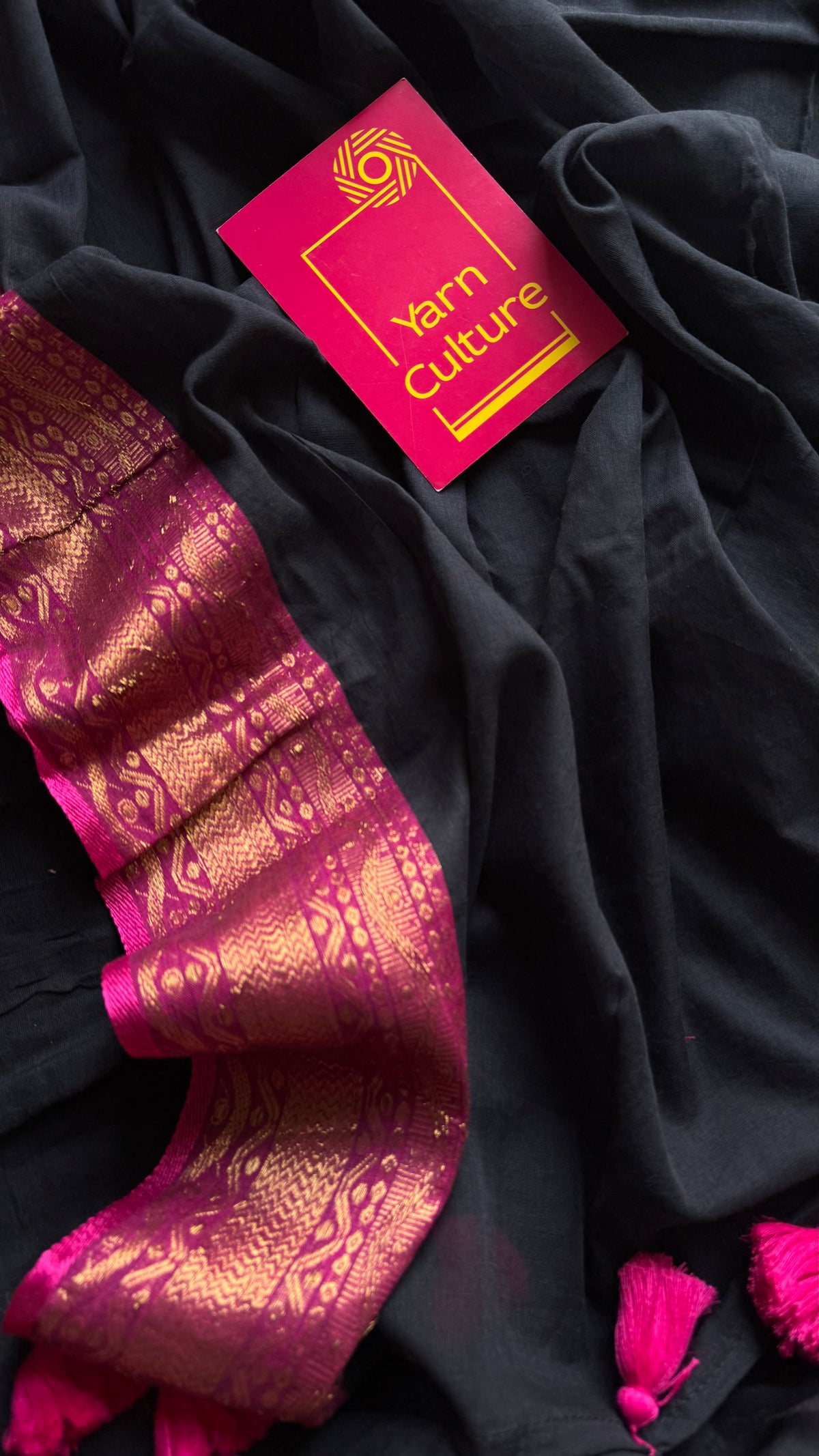 Black mul cotton saree with magenta kanchi inspired zari border - YCBCMCSE28