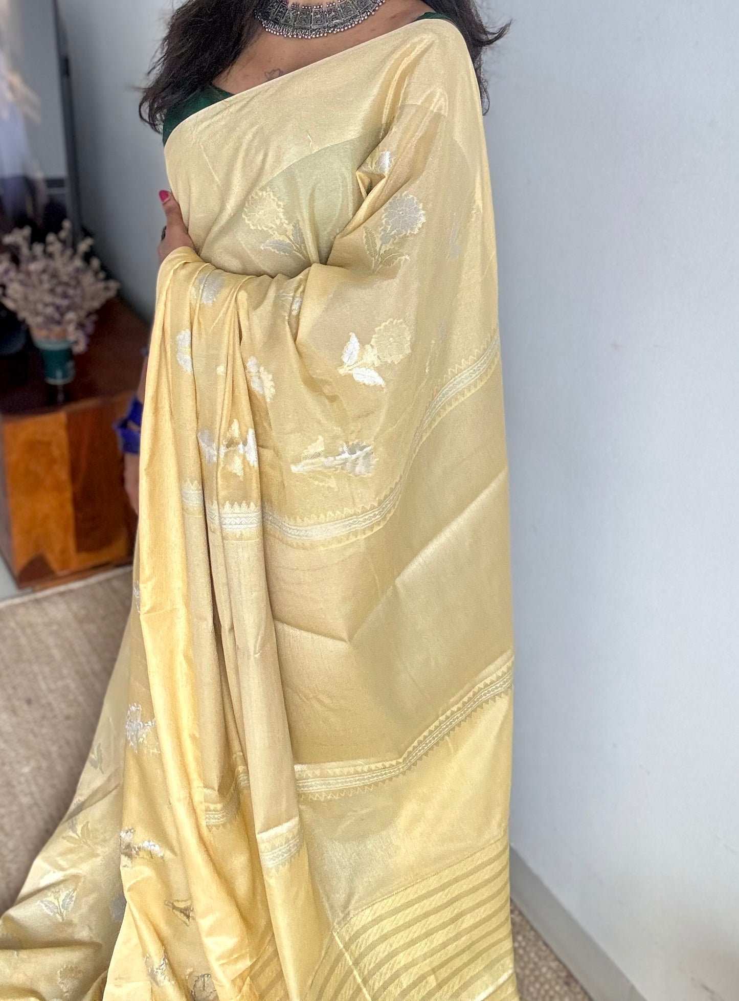 Cream with gold and silver floral buttas, Banarasi semi-crepe silk - YCDESE48