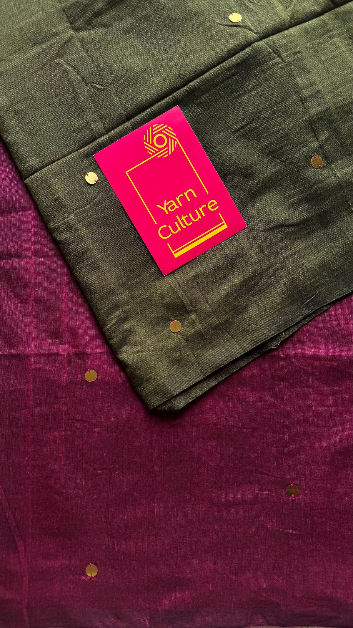 Olive green with ruby contrast pallu, gini sequins, soft cotton saree - YCBCSCOC07